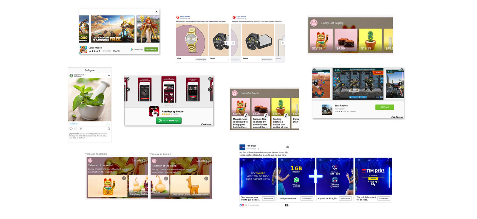 Several mobile screen shots of a range of different carousel ad used on the market