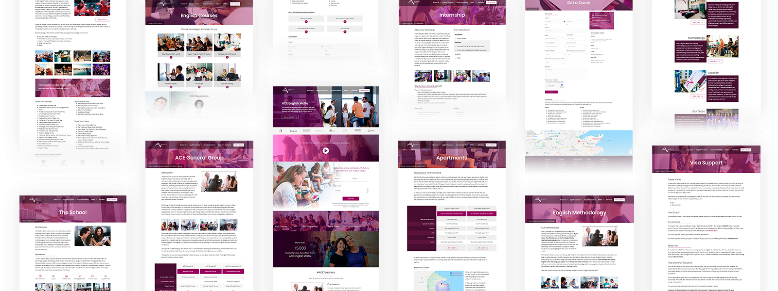 Mockups of some pages of the ACE English Malta website after the research and redesign