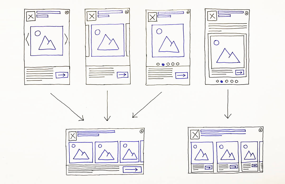 Low fidelity sketches draw on paper of some ideas for Carousel Ads